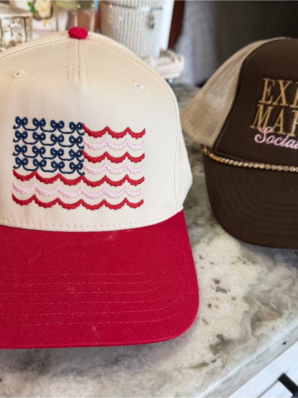 Embroidered Flag Trucker Hat in Cream & Red